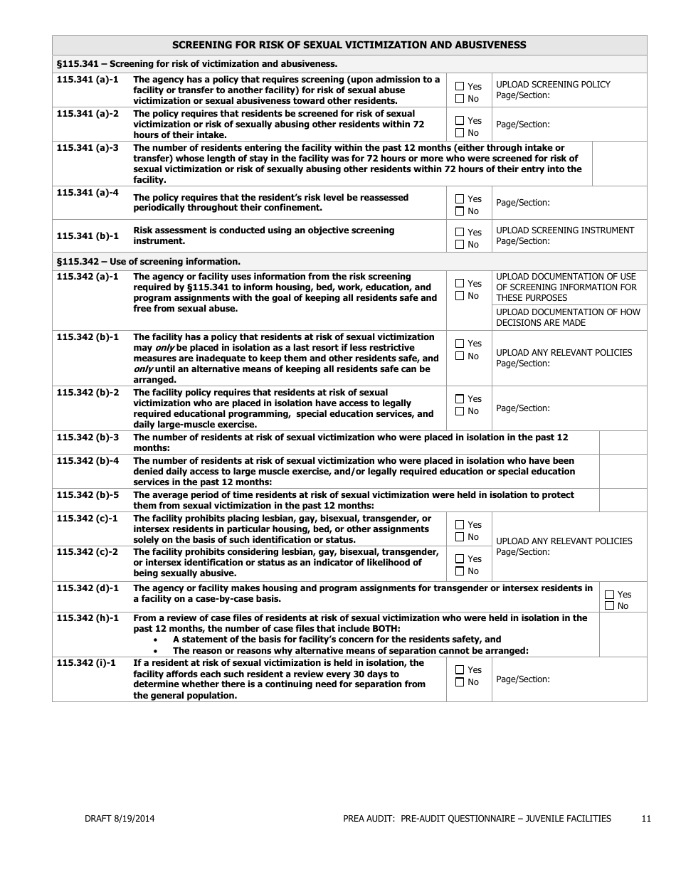 Florida Prea Audit - Pre-audit Questionnaire Form - Juvenile Facilities ...