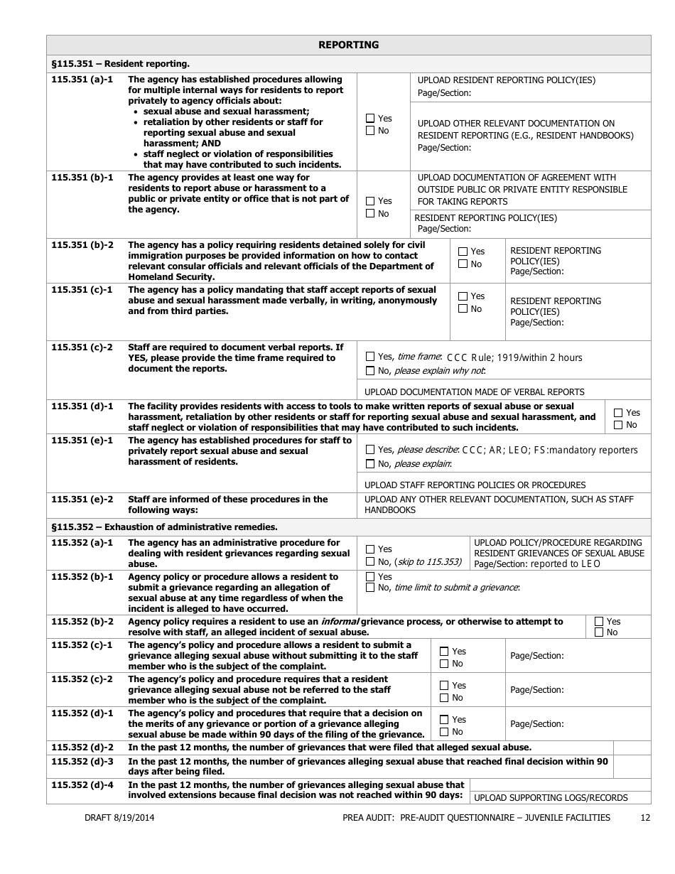 Prea Audit - Pre-audit Questionnaire Form - Juvenile Facilities - Florida, Page 12