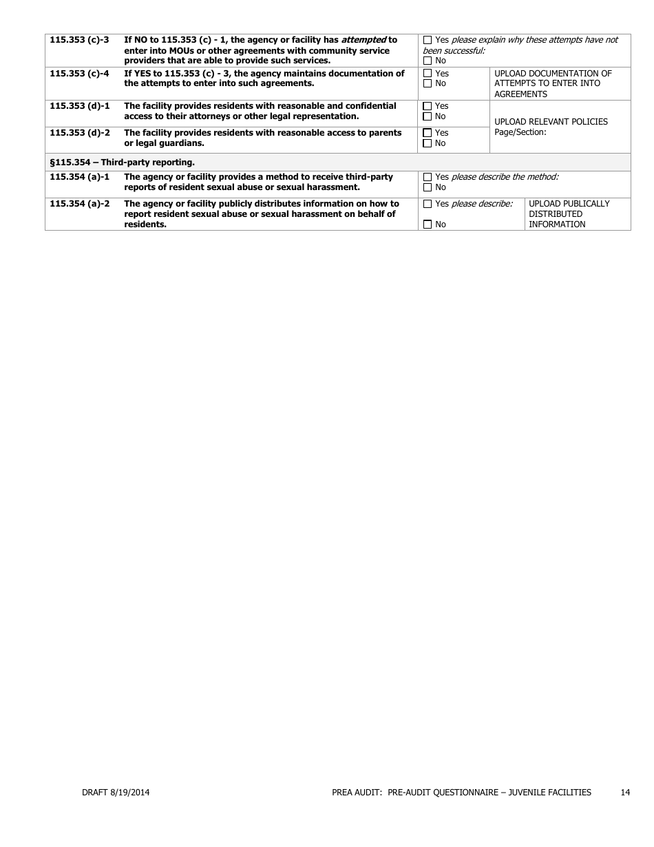 Prea Audit - Pre-audit Questionnaire Form - Juvenile Facilities - Florida, Page 14