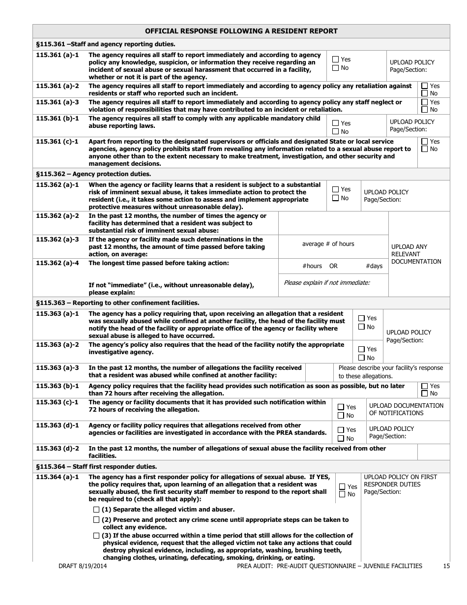Prea Audit - Pre-audit Questionnaire Form - Juvenile Facilities - Florida, Page 15