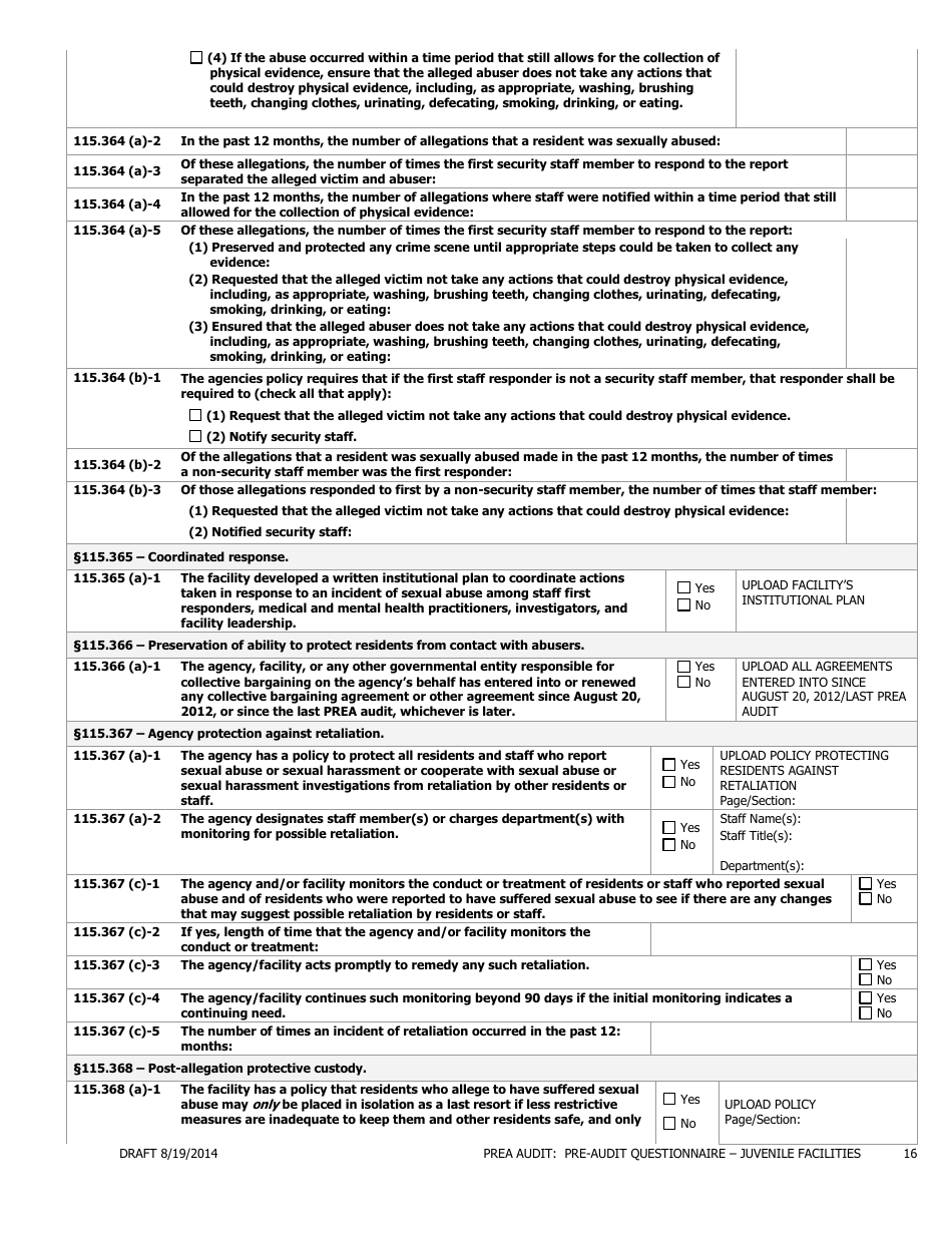 Prea Audit - Pre-audit Questionnaire Form - Juvenile Facilities - Florida, Page 16