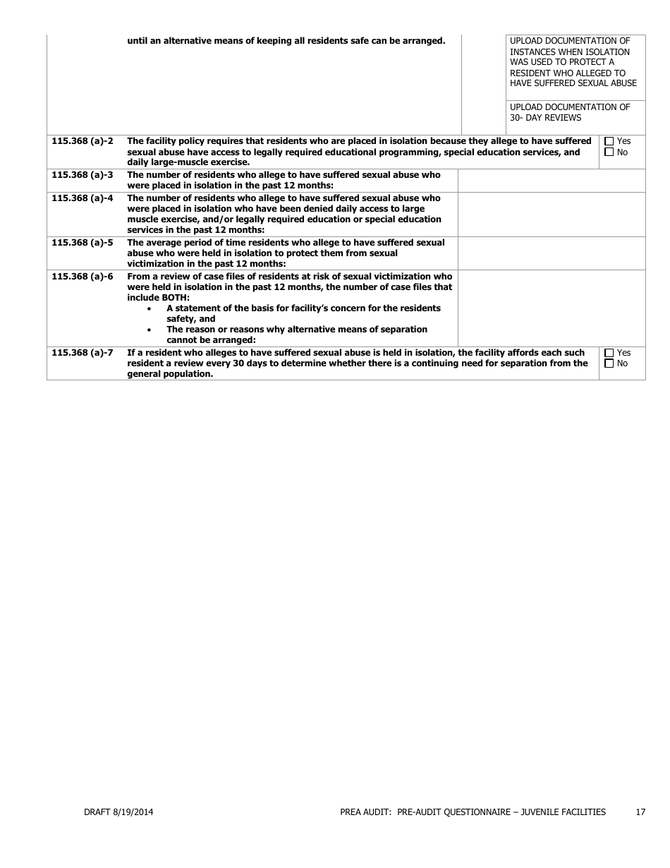 Prea Audit - Pre-audit Questionnaire Form - Juvenile Facilities - Florida, Page 17