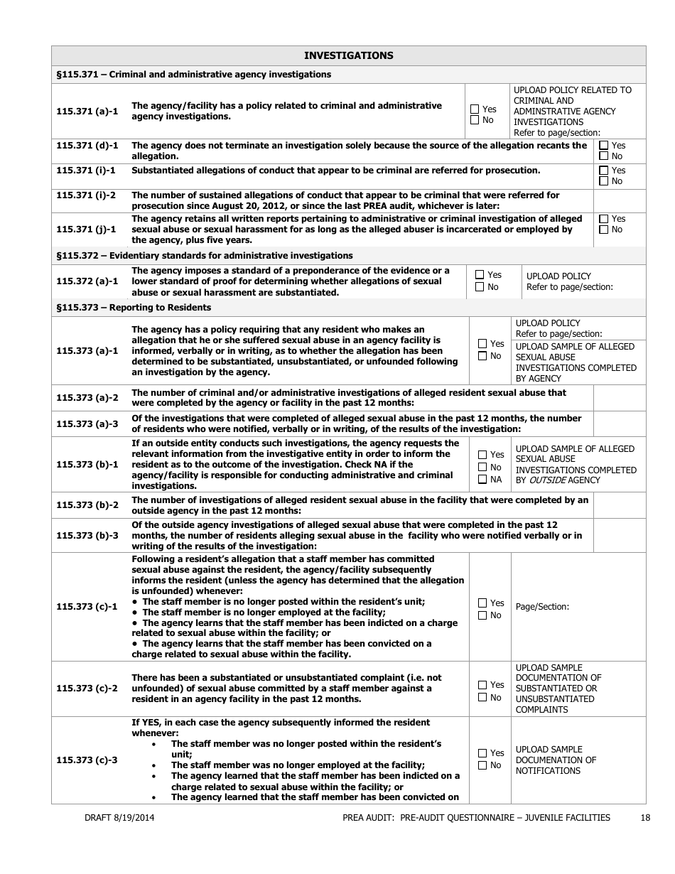 Prea Audit - Pre-audit Questionnaire Form - Juvenile Facilities - Florida, Page 18