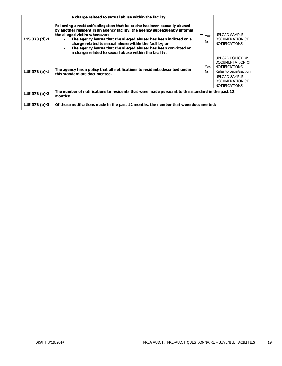 Prea Audit - Pre-audit Questionnaire Form - Juvenile Facilities - Florida, Page 19