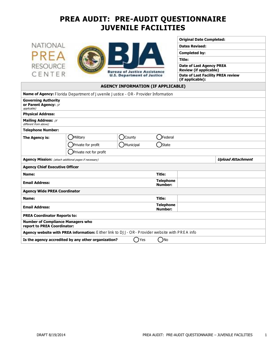 Prea Audit - Pre-audit Questionnaire Form - Juvenile Facilities - Florida, Page 1