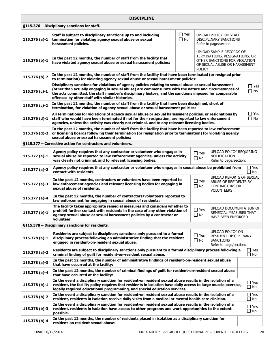 Prea Audit - Pre-audit Questionnaire Form - Juvenile Facilities - Florida, Page 20
