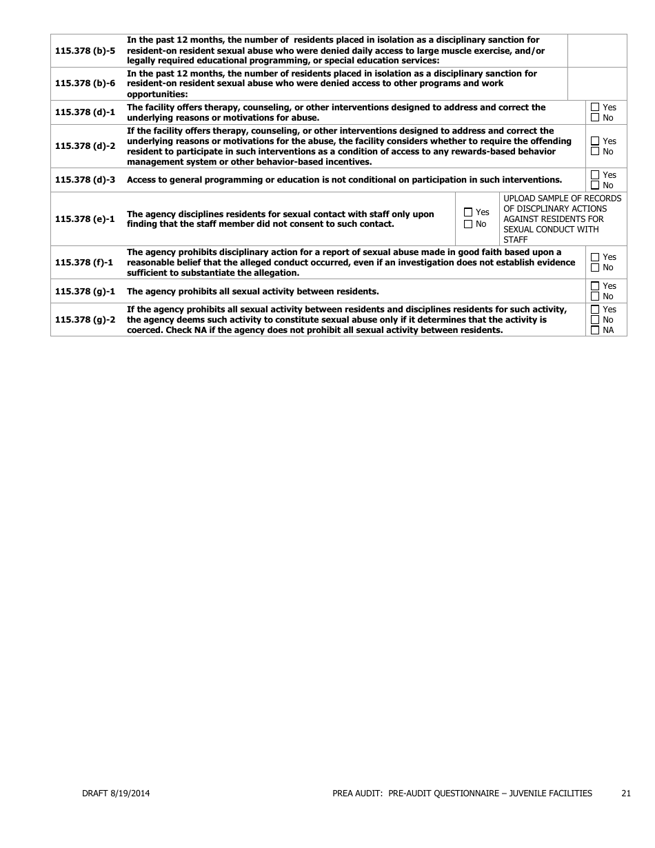 Prea Audit - Pre-audit Questionnaire Form - Juvenile Facilities - Florida, Page 21