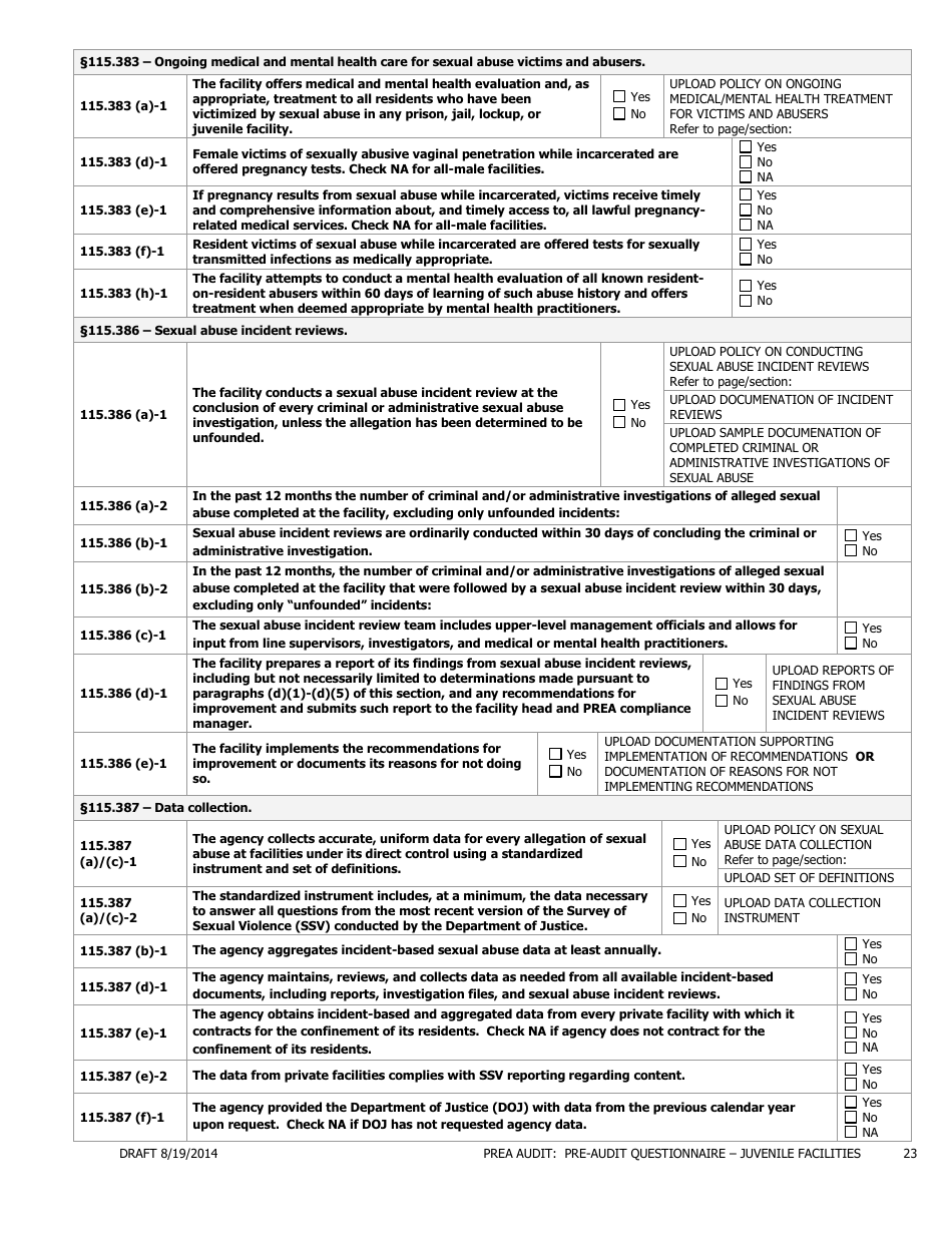 Prea Audit - Pre-audit Questionnaire Form - Juvenile Facilities - Florida, Page 23
