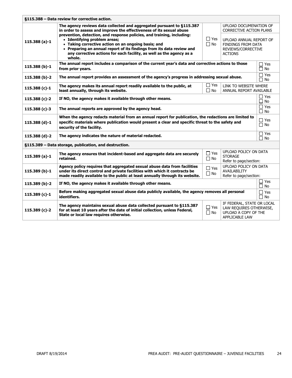 Prea Audit - Pre-audit Questionnaire Form - Juvenile Facilities - Florida, Page 24