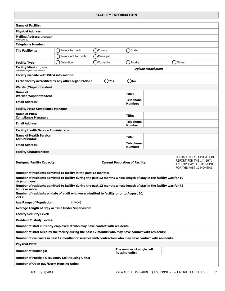 Florida Prea Audit - Pre-audit Questionnaire Form - Juvenile Facilities ...