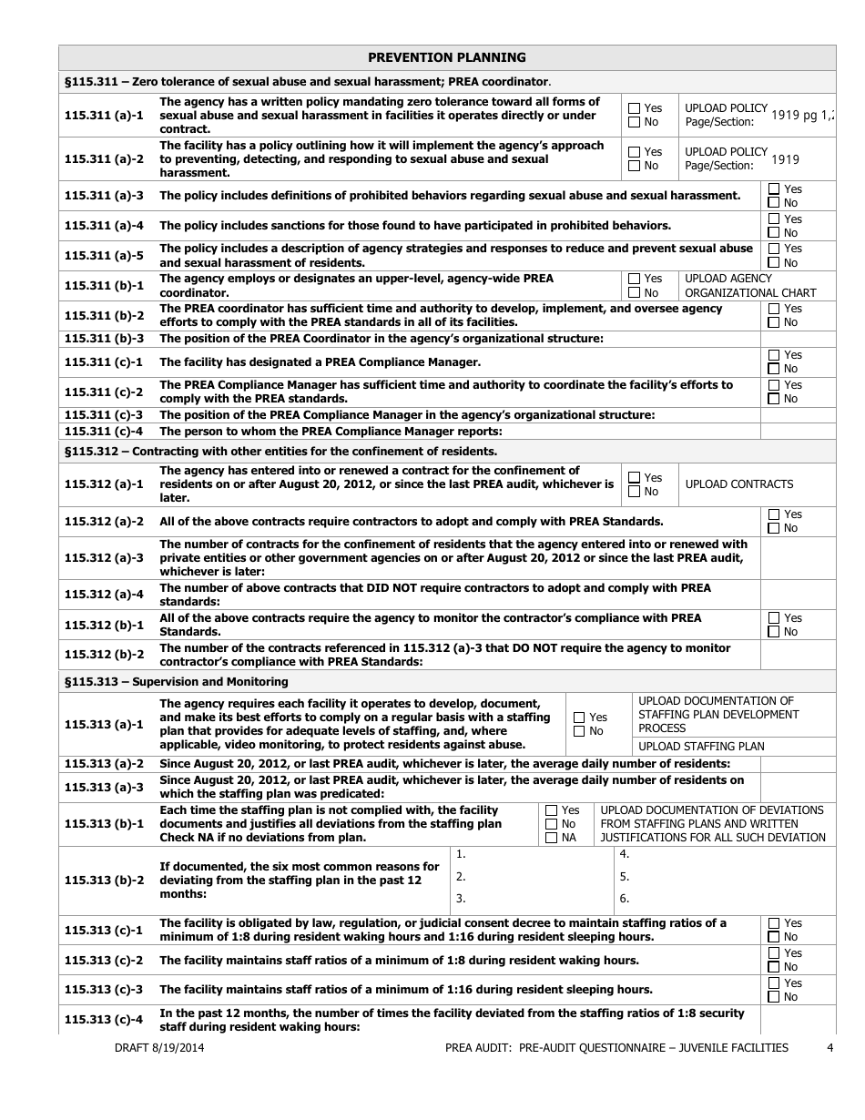 Prea Audit - Pre-audit Questionnaire Form - Juvenile Facilities - Florida, Page 4