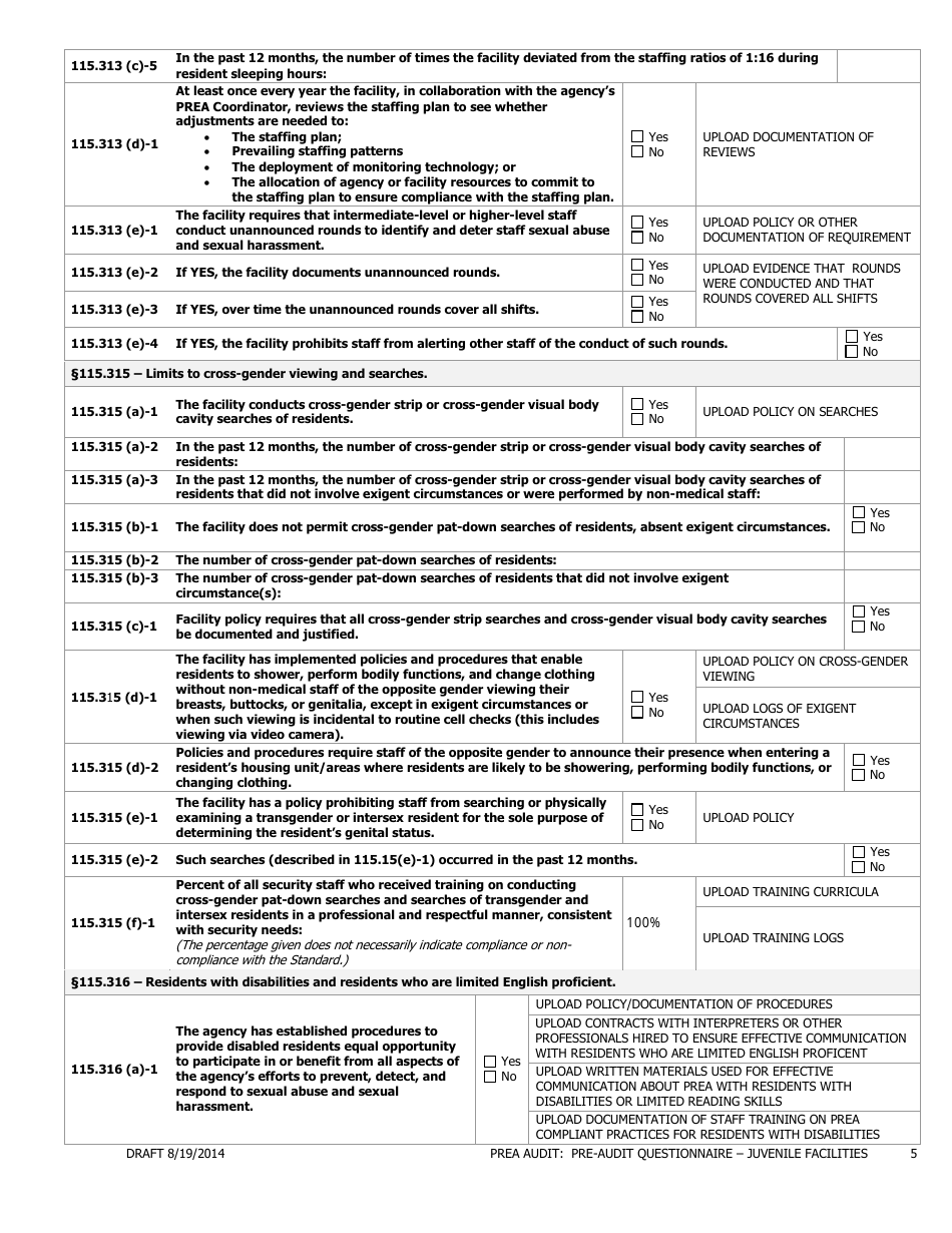 Prea Audit - Pre-audit Questionnaire Form - Juvenile Facilities - Florida, Page 5