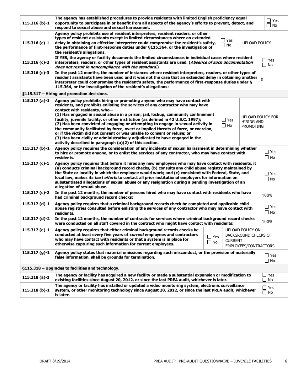 Prea Audit - Pre-audit Questionnaire Form - Juvenile Facilities - Florida, Page 6