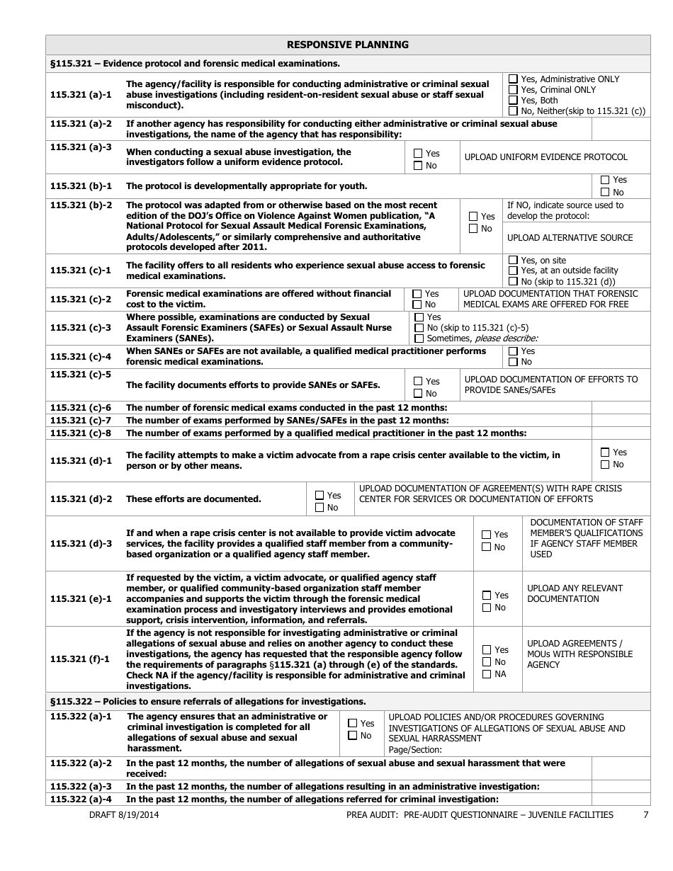 Prea Audit - Pre-audit Questionnaire Form - Juvenile Facilities - Florida, Page 7