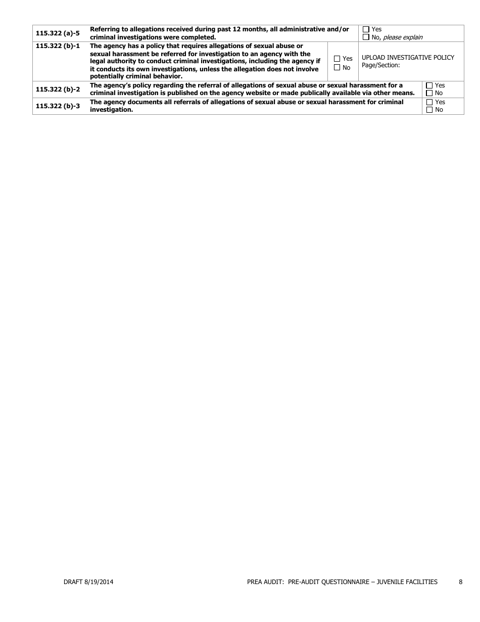Prea Audit - Pre-audit Questionnaire Form - Juvenile Facilities - Florida, Page 8