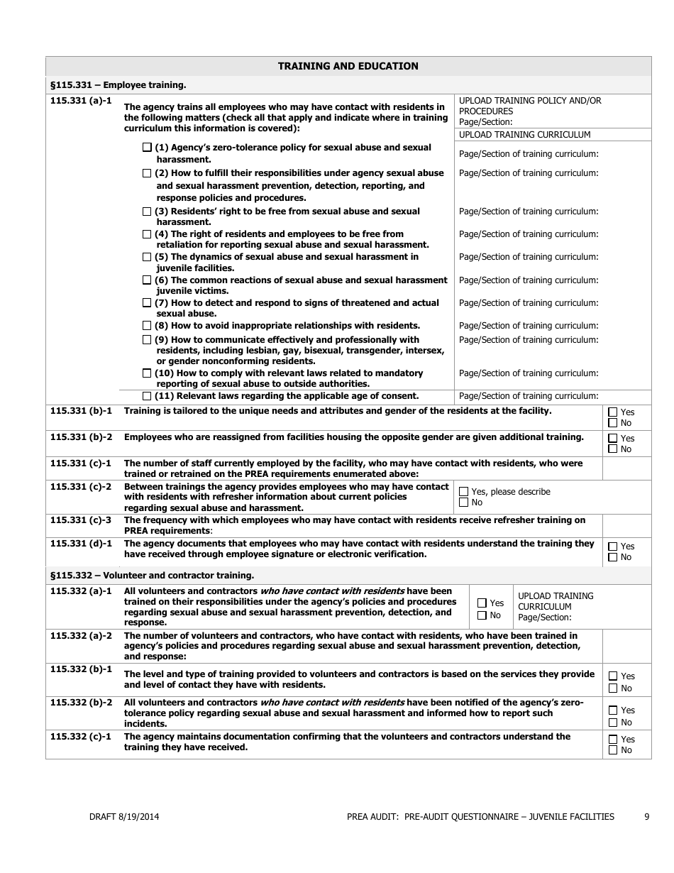 Prea Audit - Pre-audit Questionnaire Form - Juvenile Facilities - Florida, Page 9
