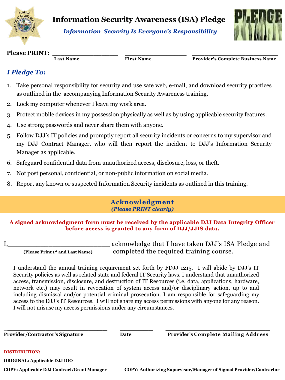 Information Security Awareness (Isa) Pledge Form - Florida, Page 1