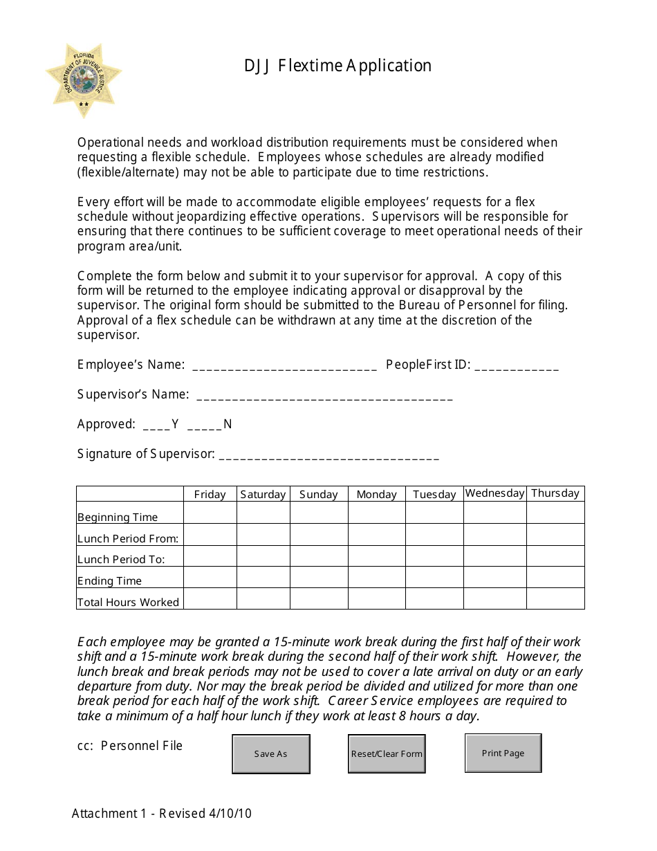 Attachment 1 DJJ Flextime Application Form - Florida, Page 1