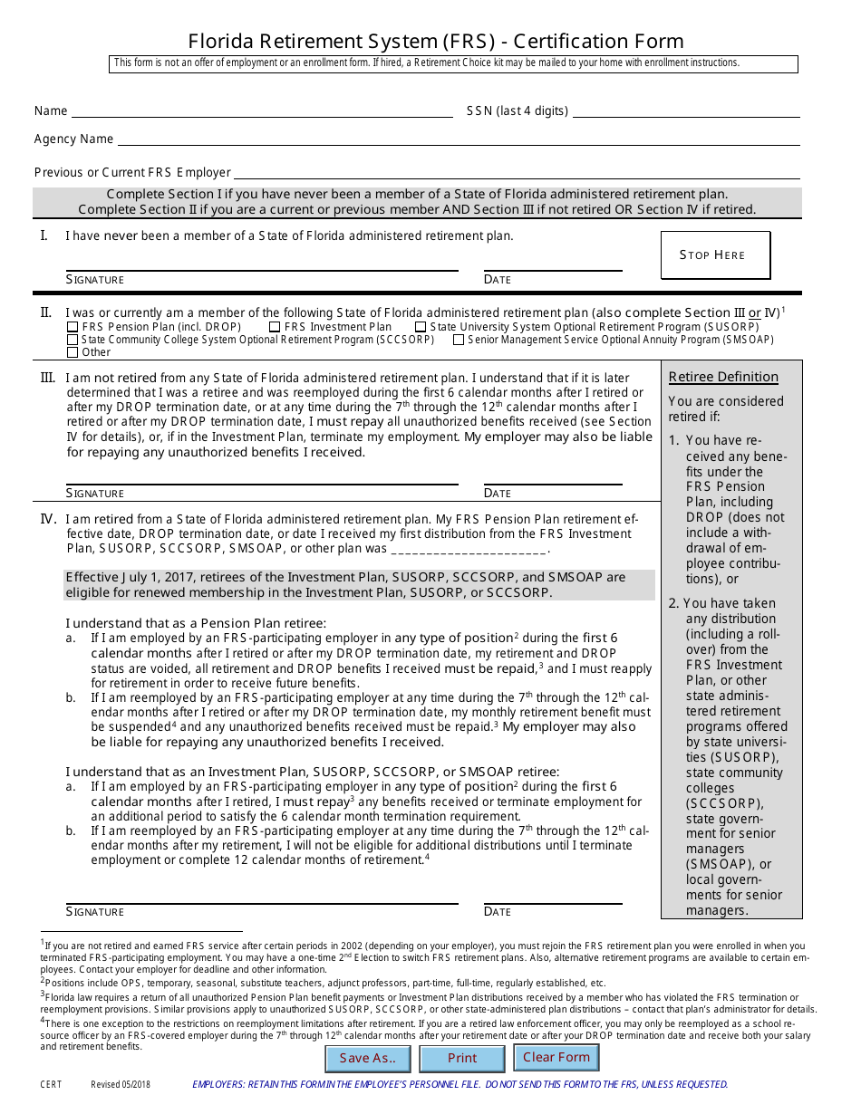 Florida Retirement System (Frs) - Certification Form - Florida, Page 1