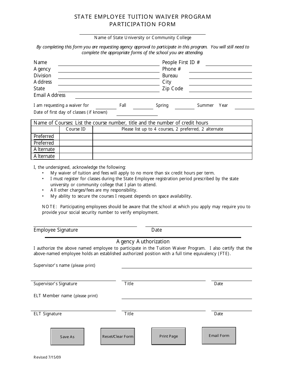 State Employee Tuition Waiver Program Participation Form - Florida, Page 1