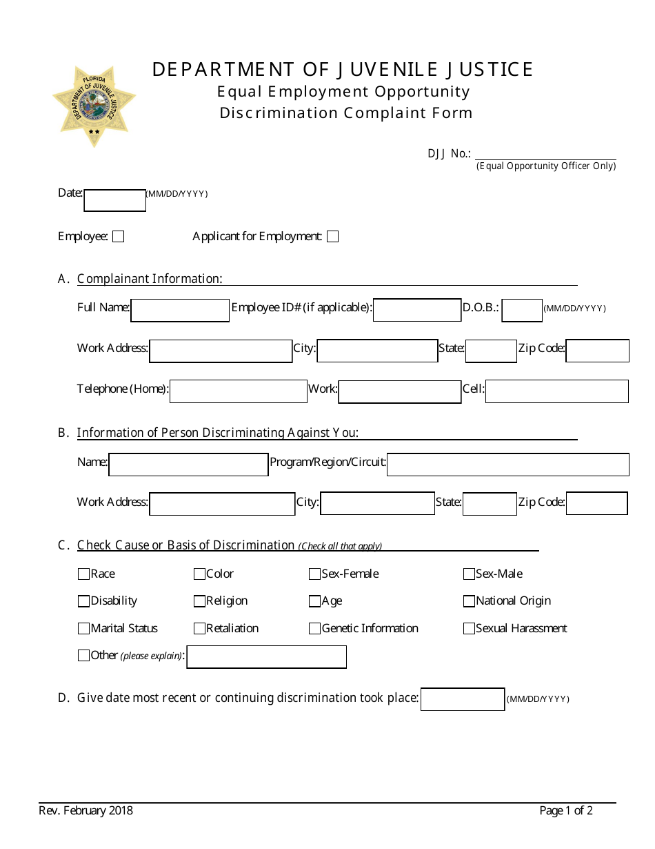 Equal Employment Opportunity Discrimination Complaint Form - Florida, Page 1