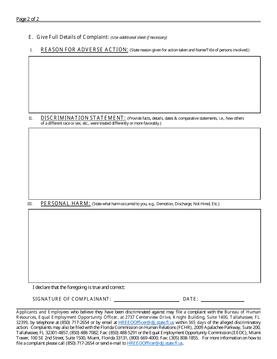 Equal Employment Opportunity Discrimination Complaint Form - Florida, Page 2