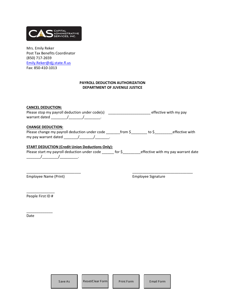 Payroll Deduction Authorization Form - Florida, Page 1