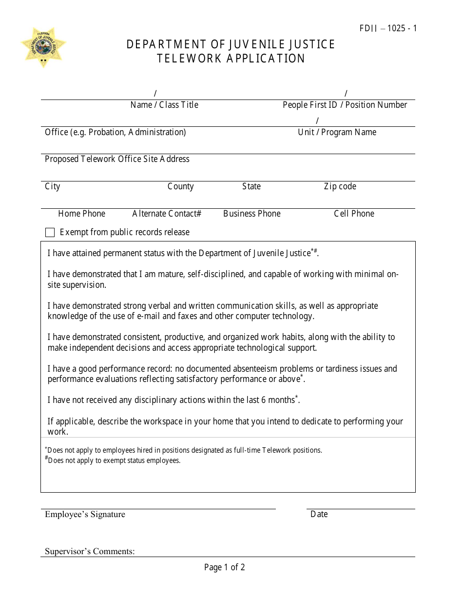 Telework Application Form - Florida, Page 1