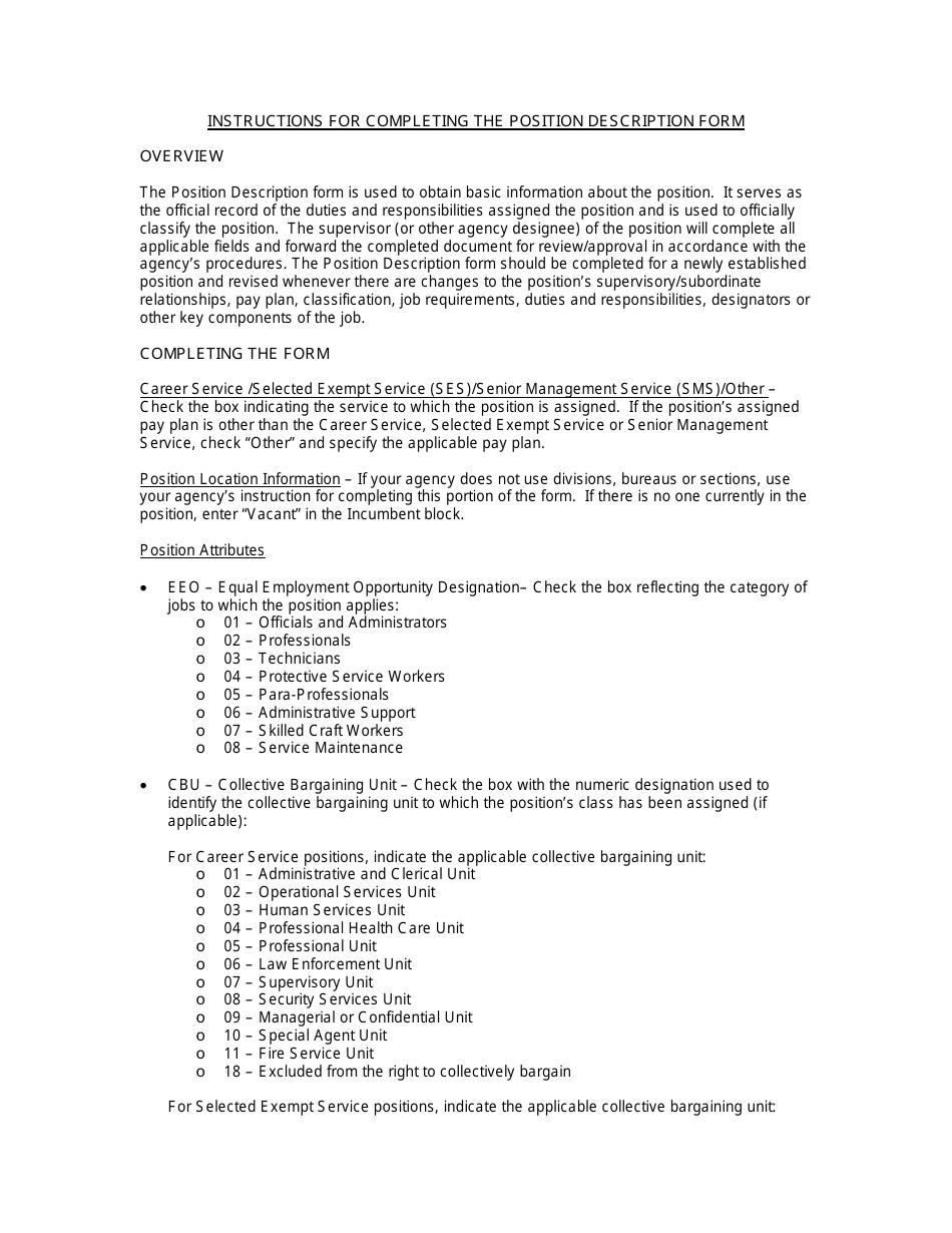 Instructions for Position Description Form - Florida, Page 1