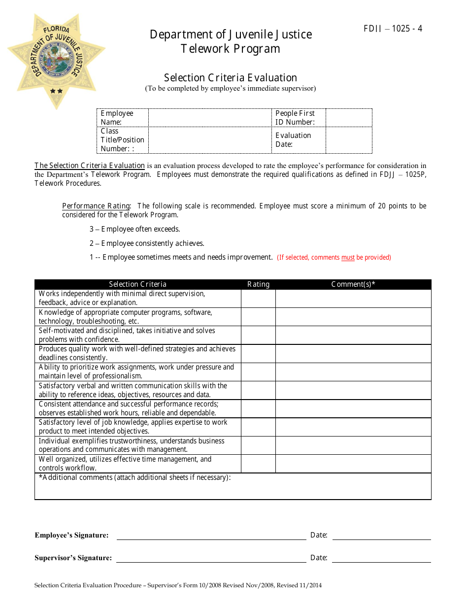 Telework Selection Criteria Evaluation Form - Florida, Page 1