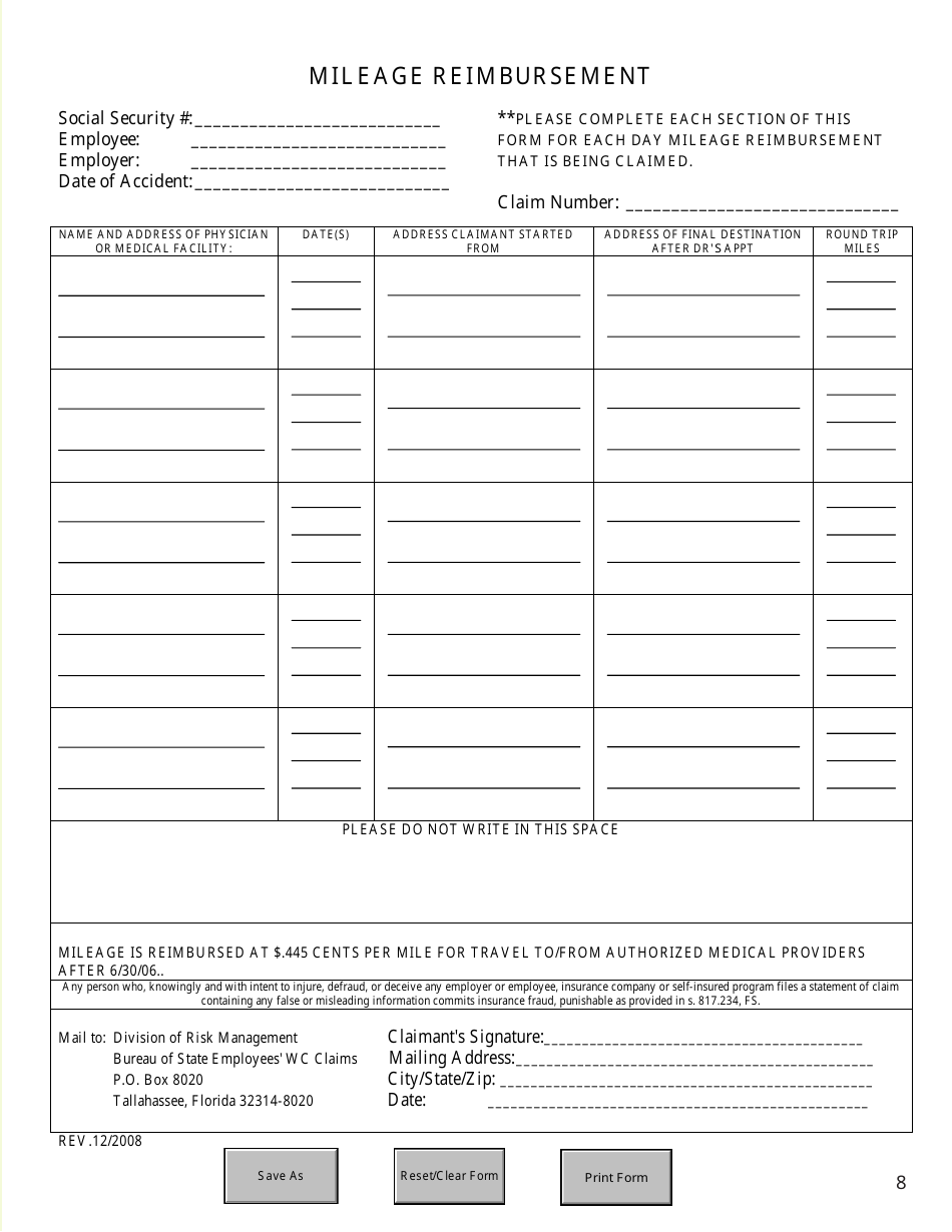 Florida Mileage Reimbursement Form Fill Out, Sign Online and Download
