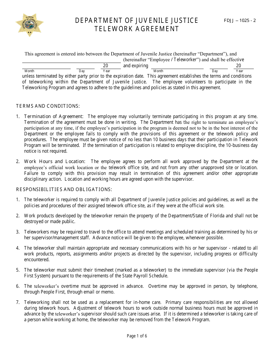 Telework Agreement Form - Florida, Page 1