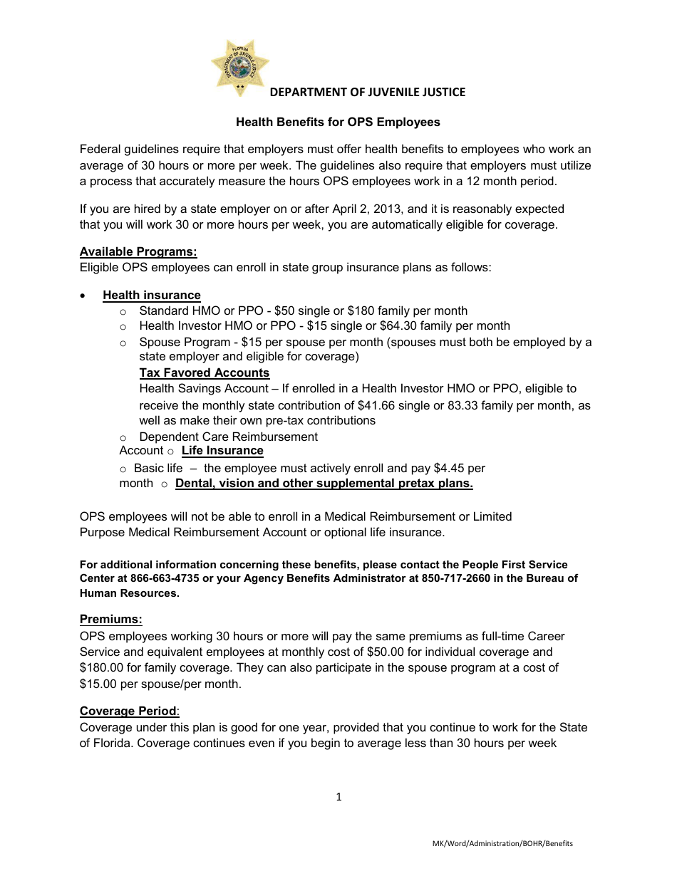 Health Benefits for Ops Employees - Florida, Page 1
