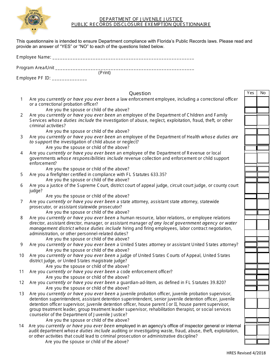 Public Records Disclosure Exemption Questionnaire Form - Florida, Page 1