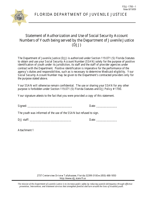 Statement of Authorization and Use of Social Security Account Numbers of Youth Being Served by the Department of Juvenile Justice (DJJ) - Florida Download Pdf