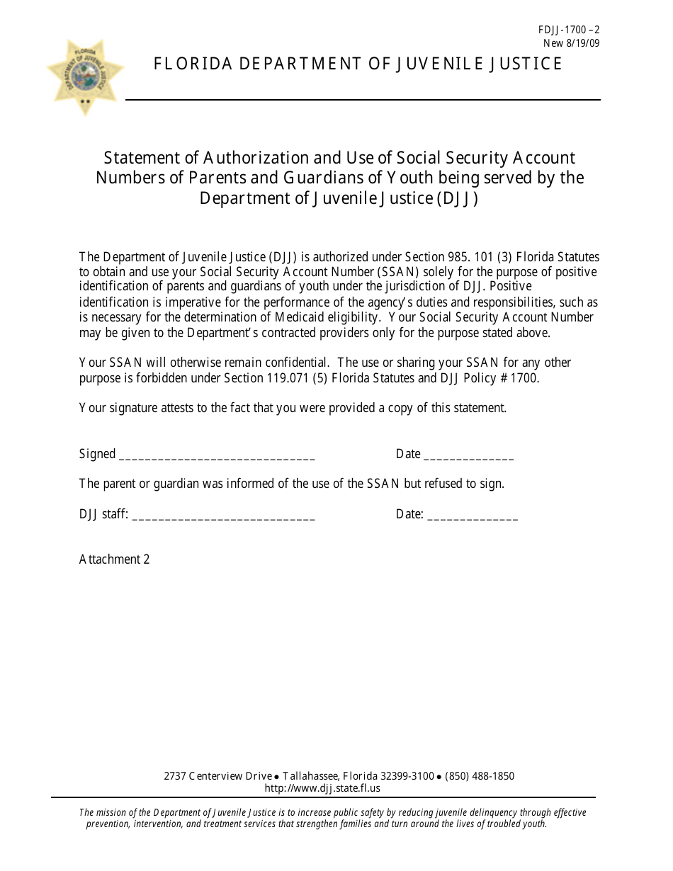 Statement of Authorization and Use of Social Security Account Numbers of Parents and Guardians of Youth Being Served by the Department of Juvenile Justice (DJJ) - Florida, Page 1