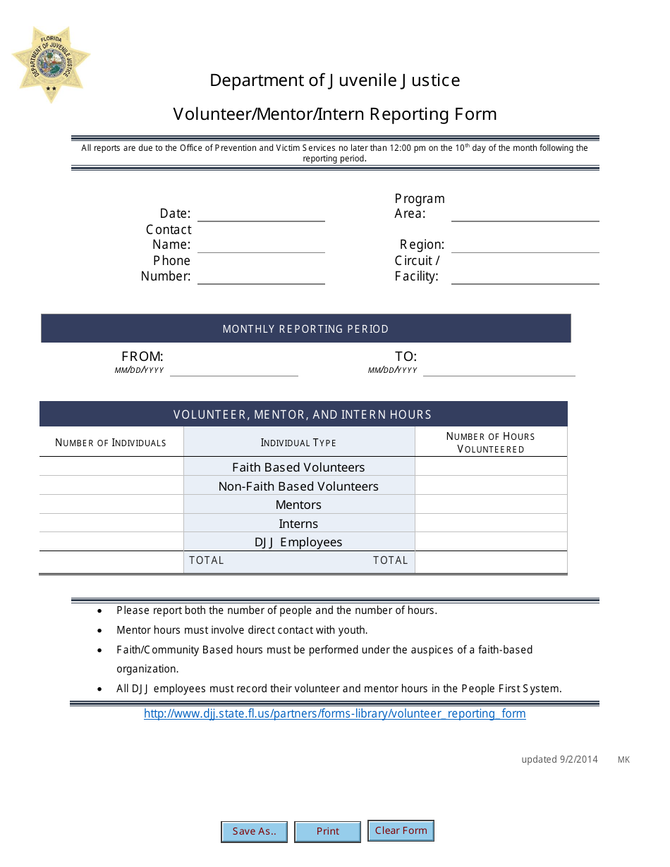 Volunteer / Mentor / Intern Reporting Form - Florida, Page 1