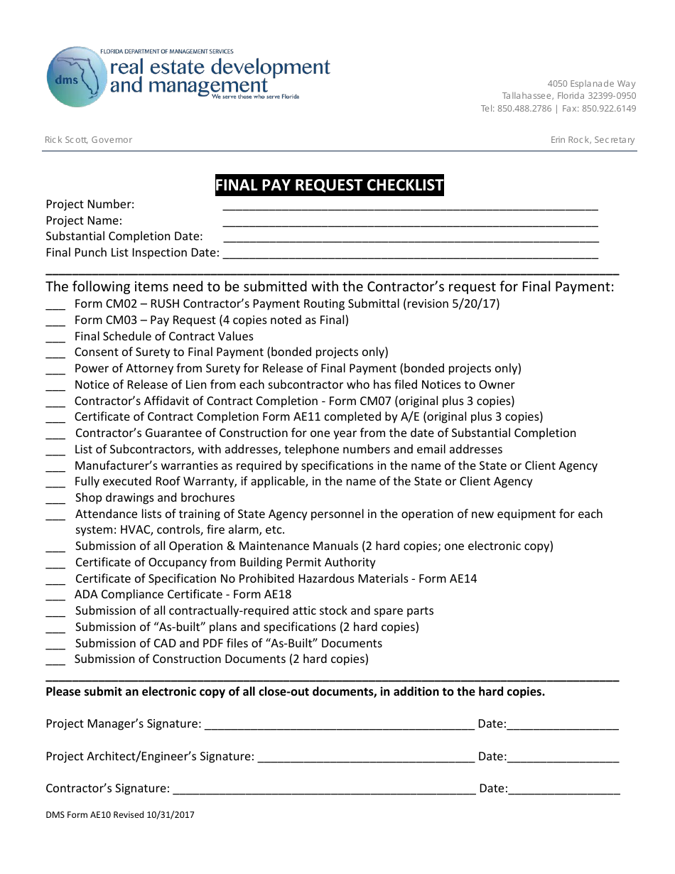 DMS Form AE10 Final Pay Request Checklist - Florida, Page 1