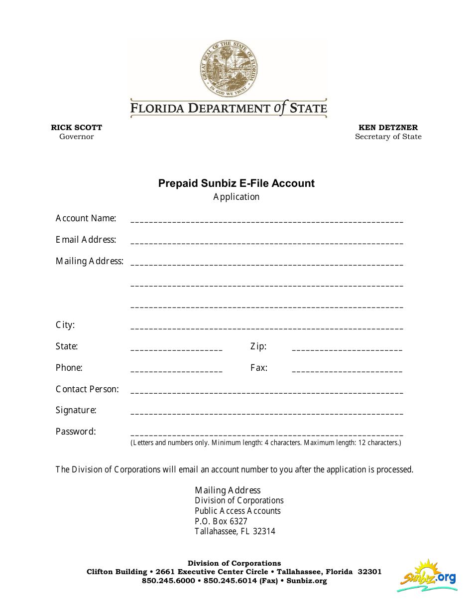 Prepaid Sunbiz E-File Account Application Form - Florida, Page 1