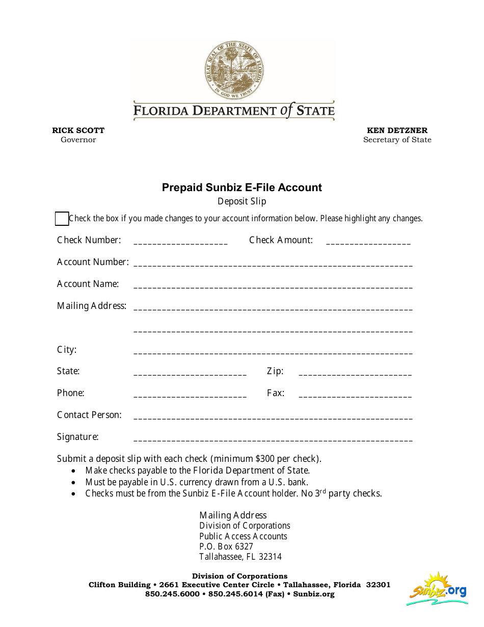 Prepaid Sunbiz E-File Account - Deposit Slip Form - Florida, Page 1