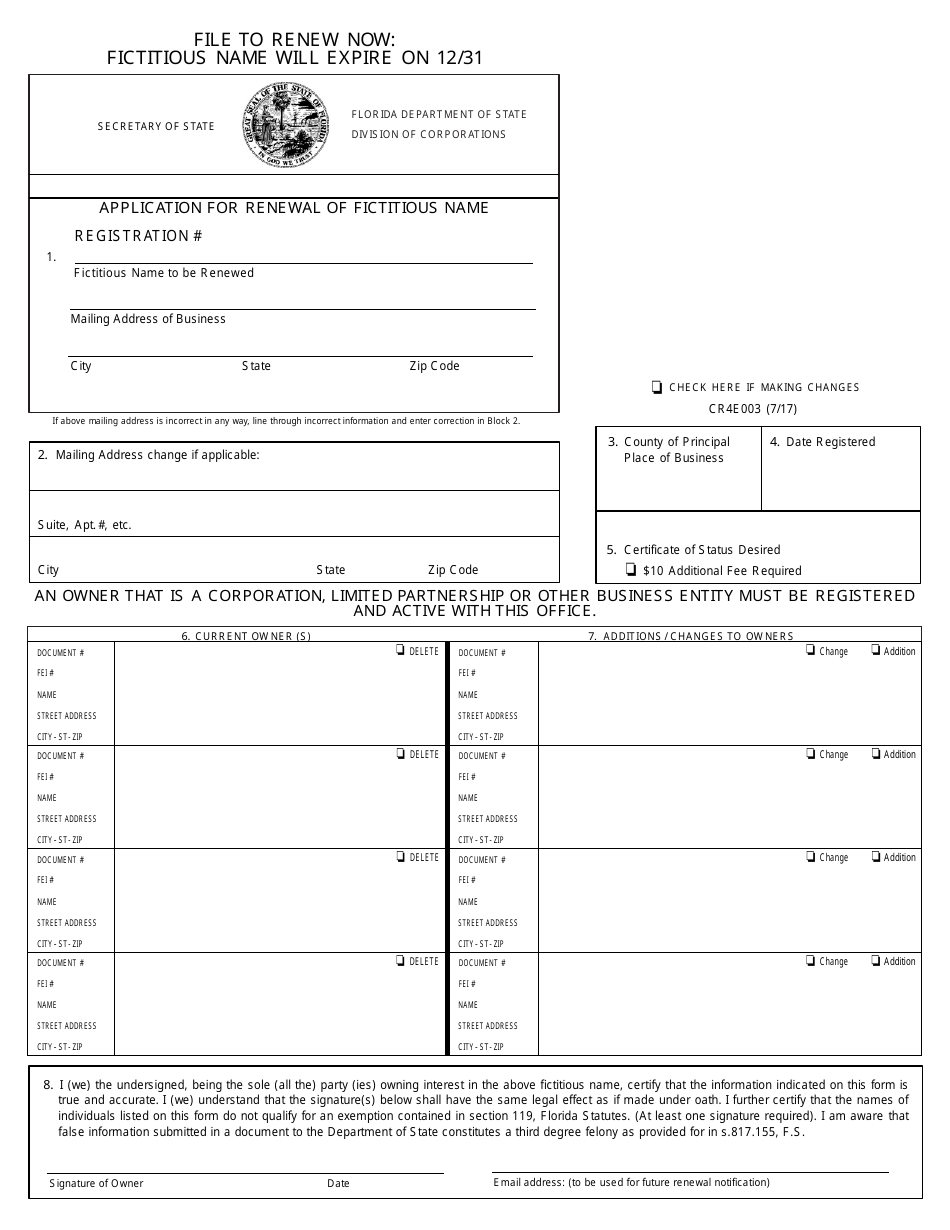 Form CR4E003 Application for Renewal of Fictitious Name - Florida, Page 1