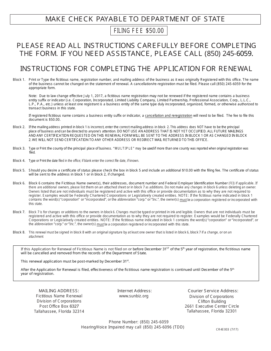 Form CR4E003 Application for Renewal of Fictitious Name - Florida, Page 2