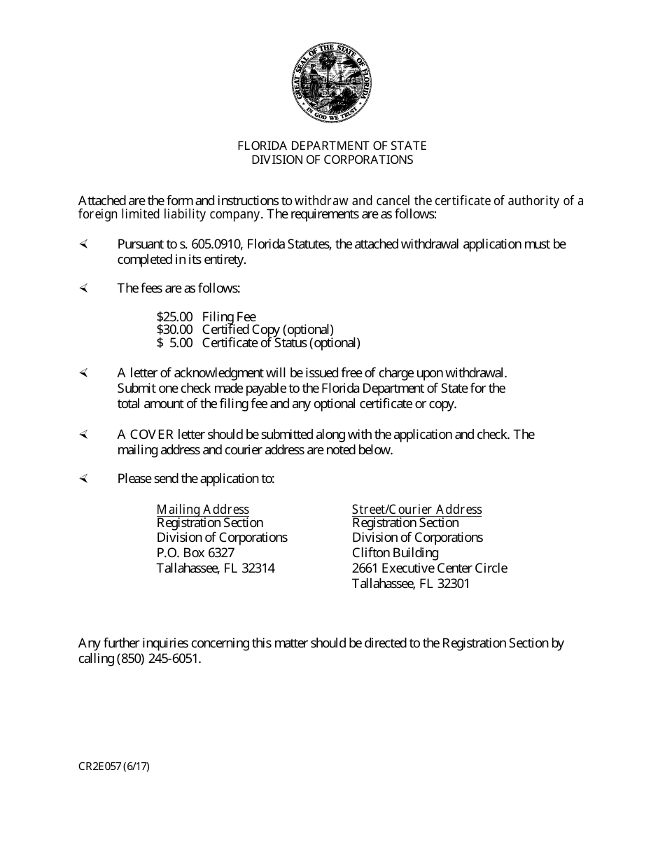 Form CR2E057 Notice of Withdrawal of Certificate of Authority - Florida, Page 1
