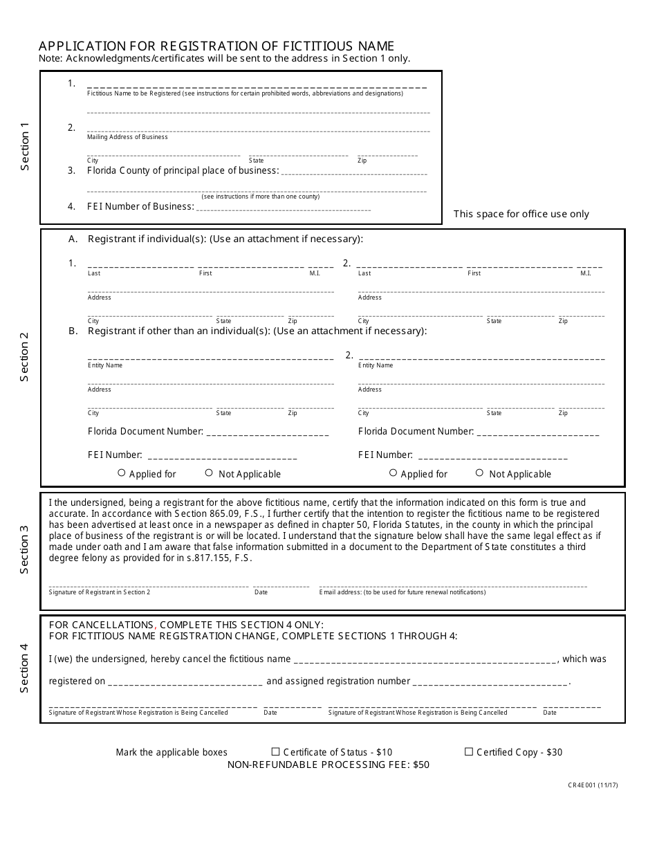 Form CR4E001 Application for Registration of Fictitious Name - Florida, Page 1