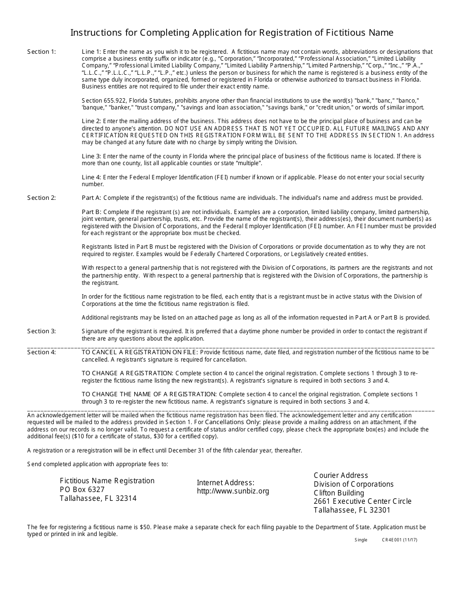 Form CR4E001 Application for Registration of Fictitious Name - Florida, Page 2