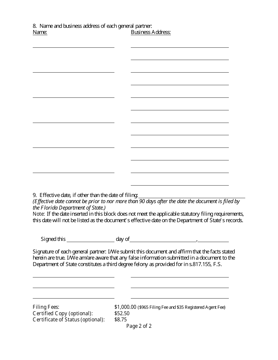 Form CR2E030 Certificate of Limited Partnership for Florida Limited Partnership or Limited Liability Limited Partnership - Florida, Page 4