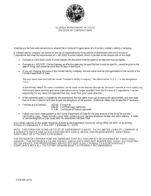 Form CR2E049 Articles of Amendment to Articles of Organization - Florida