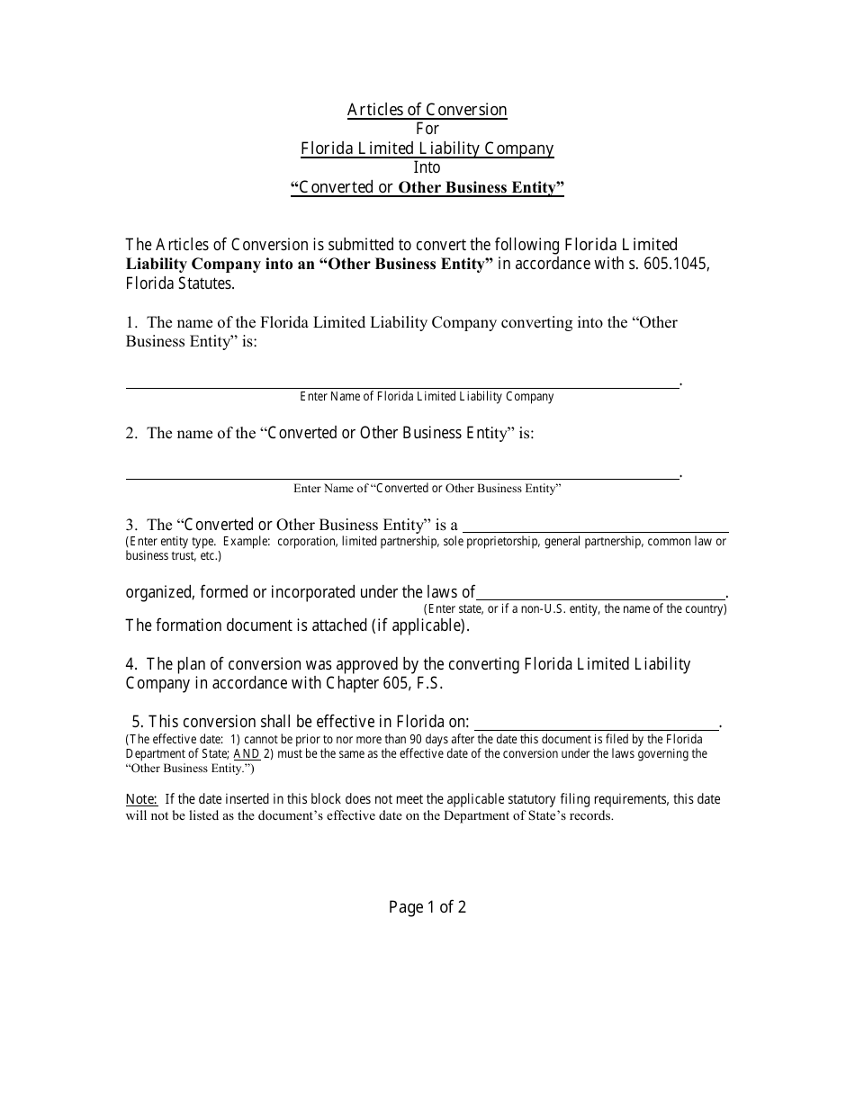 Form CR2E106 Articles of Conversion - Florida Limited Liability Company Into Converted or Other Business Entity - Florida, Page 3