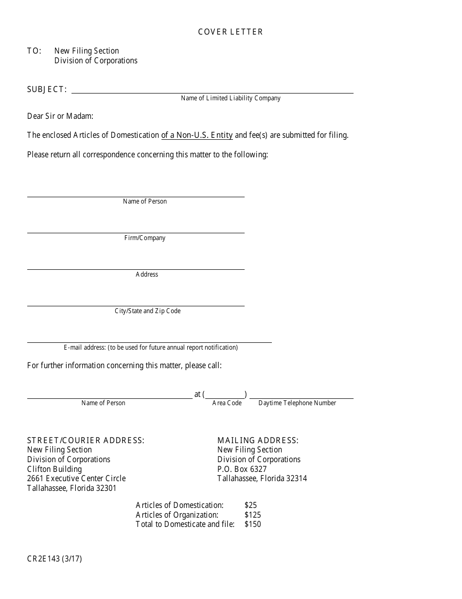 Form CR2E143 Articles of Domestication - Florida, Page 1