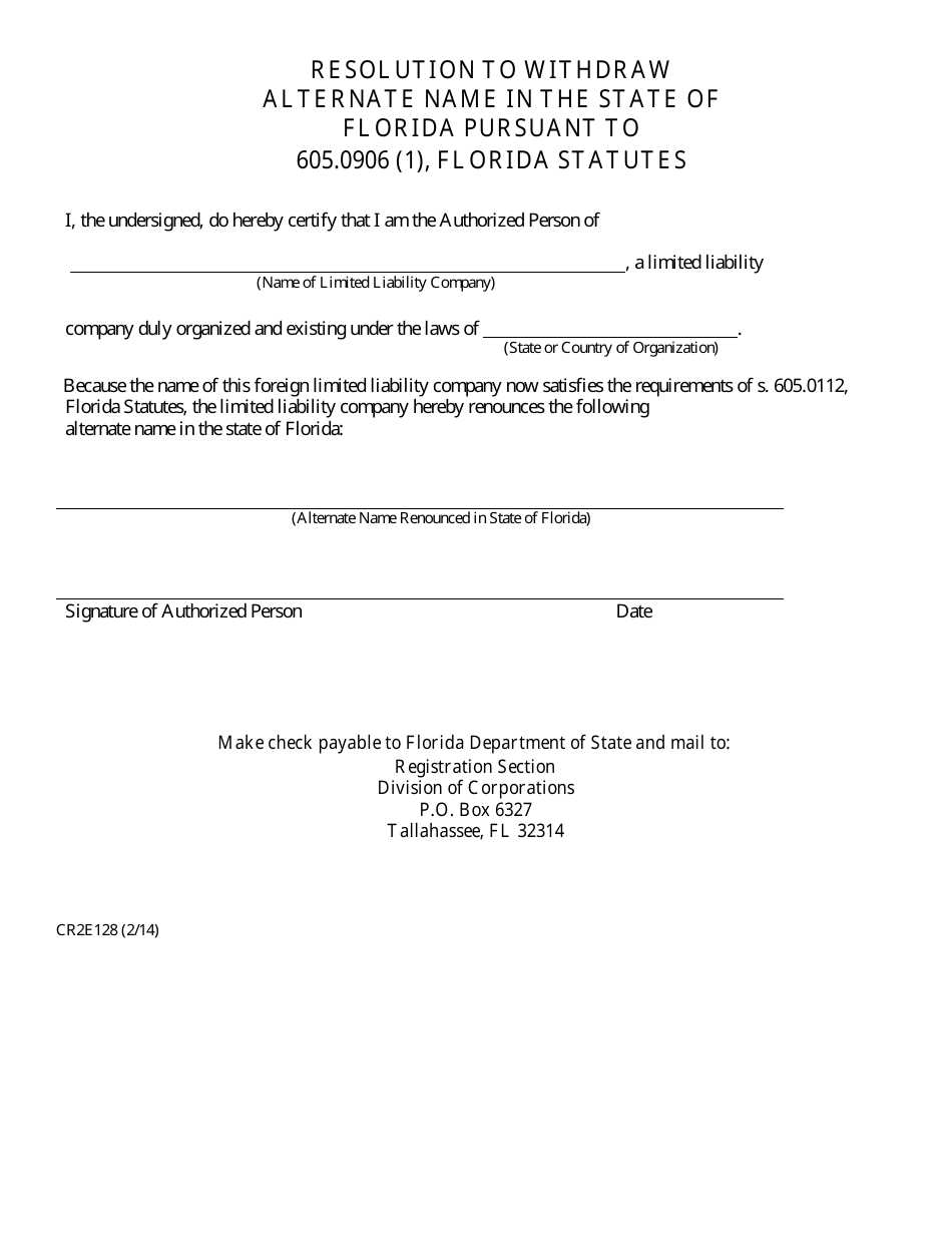 Form CR2E128 Resolution to Withdraw Alternate Name in the State of Florida Pursuant to 605.0906 (1), Florida Statutes - Florida, Page 2